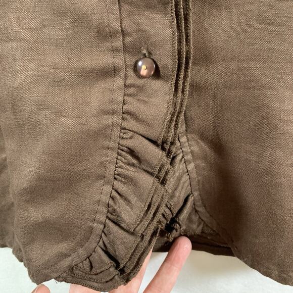 Carole Little Womens 100% Linen Ruffle Button Top Sz M Brown Coastal Boho New - Picture 3 of 12